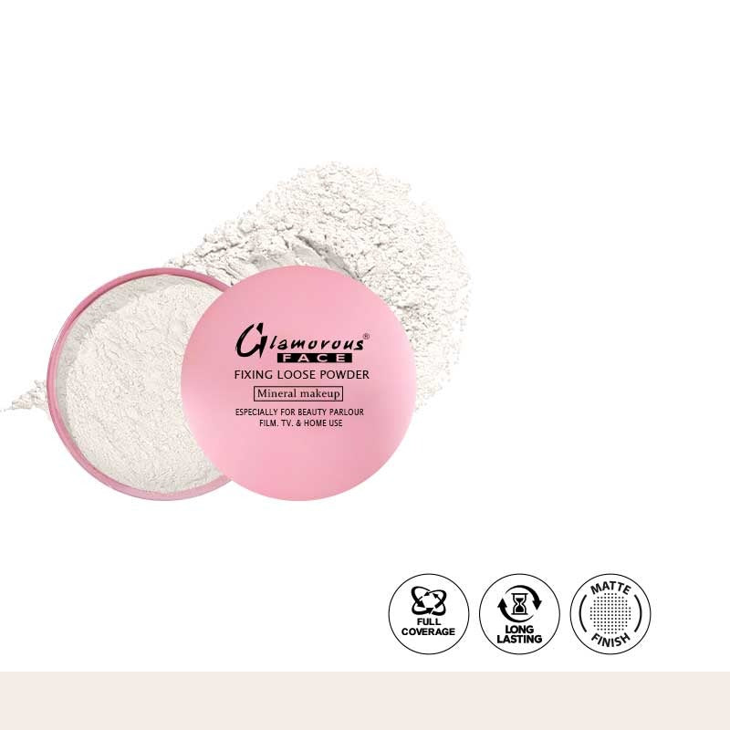 Pink powder compact with 'Glamorous Beach' branding on a white background