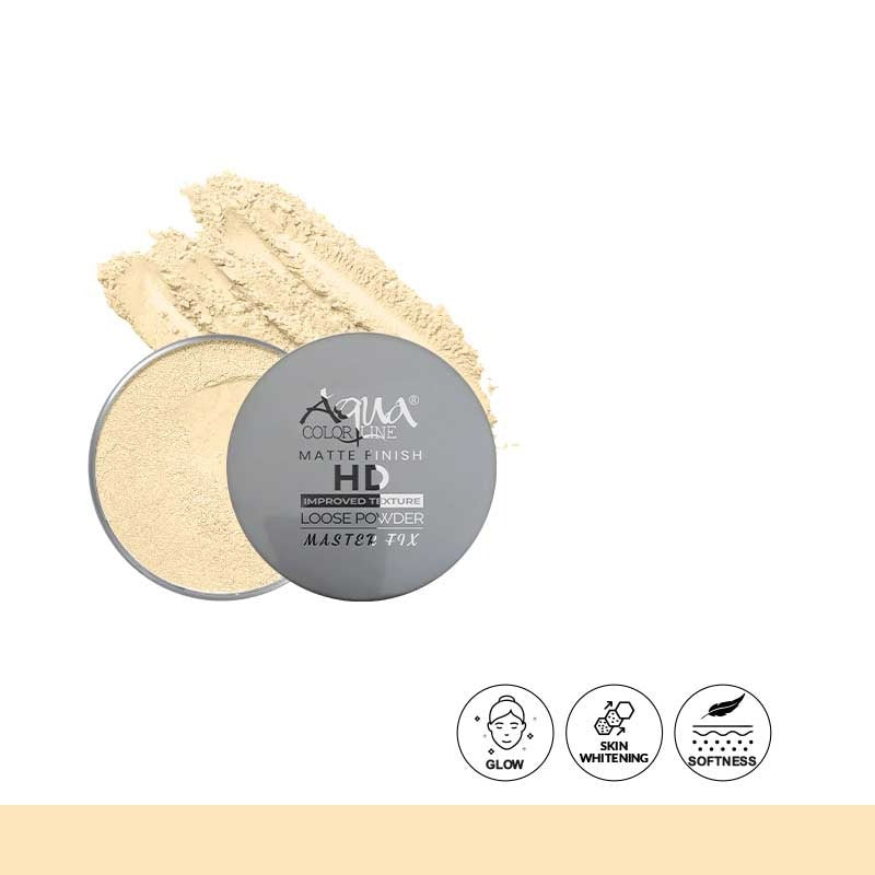 Loose powder container with a swatch of powder on a white background