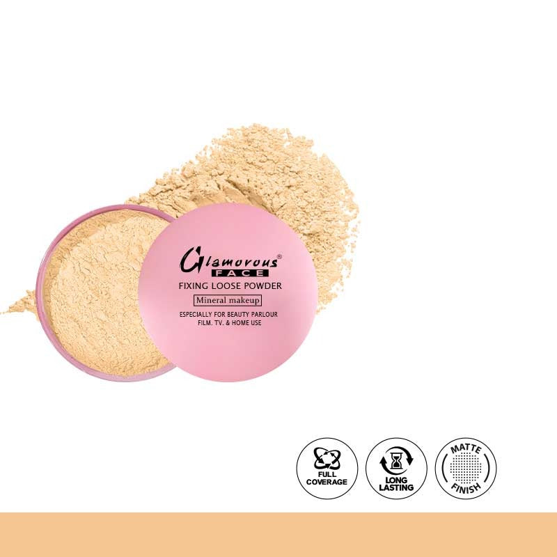 Loose powder with pink container labeled 'Glamorous Beach' on a white background