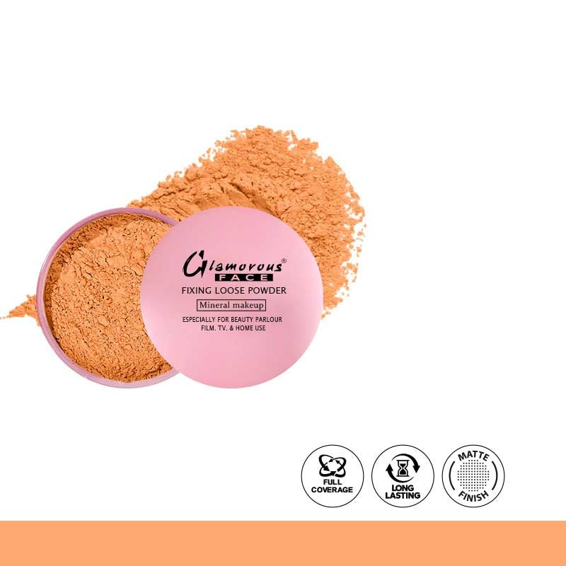 Loose powder container with pink lid and orange powder, featuring Glamorous Beach branding.