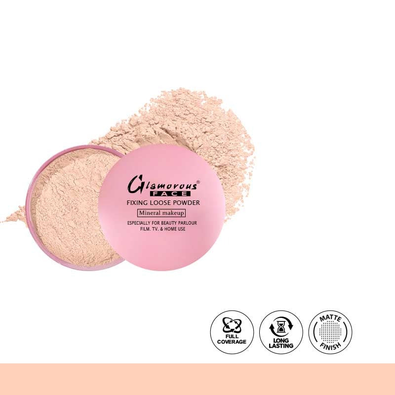 Glamorous Beach fixing loose powder with pink container on a white background