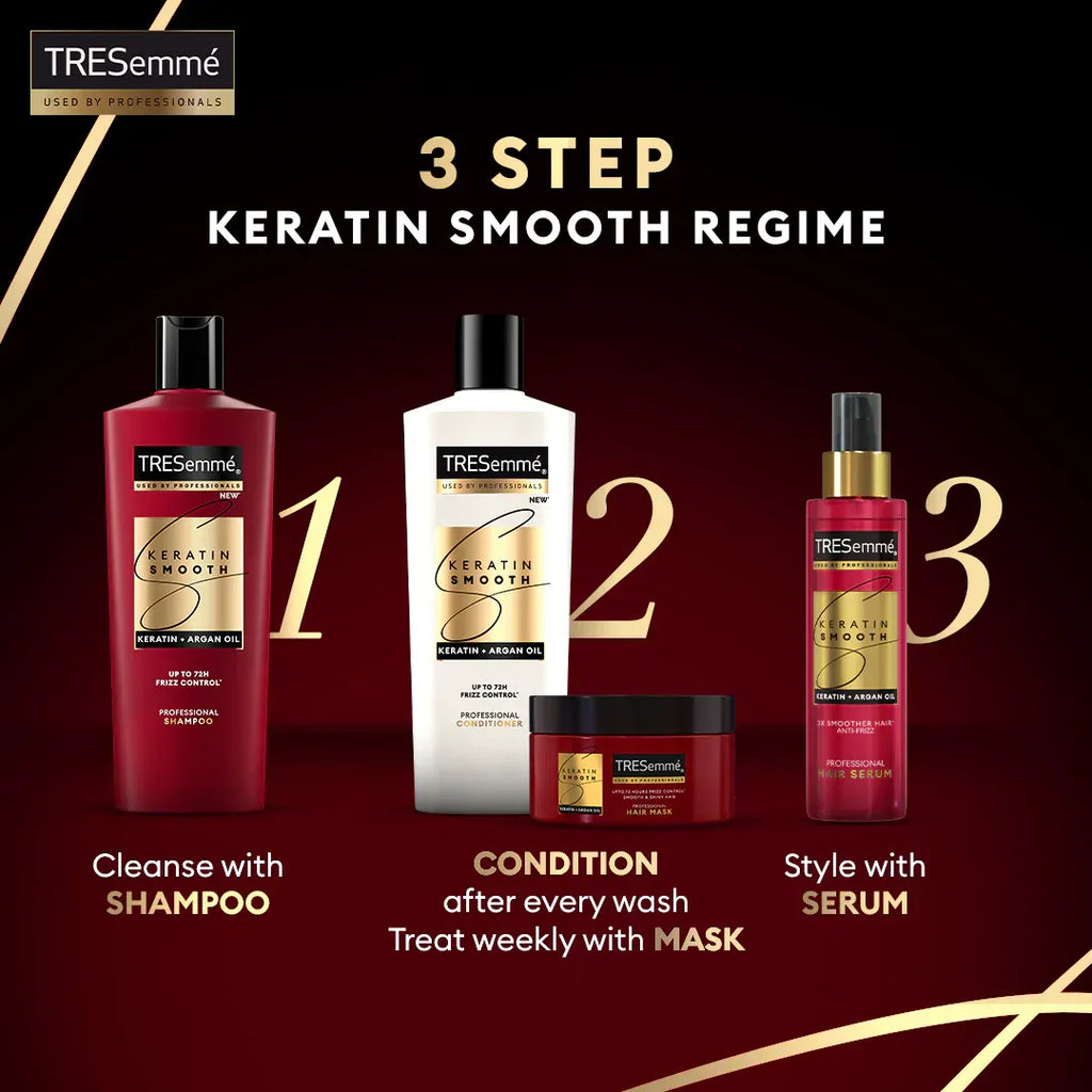 TRESemme 3-step keratin smooth regime with shampoo, conditioner, mask, and serum on a dark background.