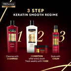 TRESemme 3-step keratin smooth regime with shampoo, conditioner, mask, and serum on a dark background.