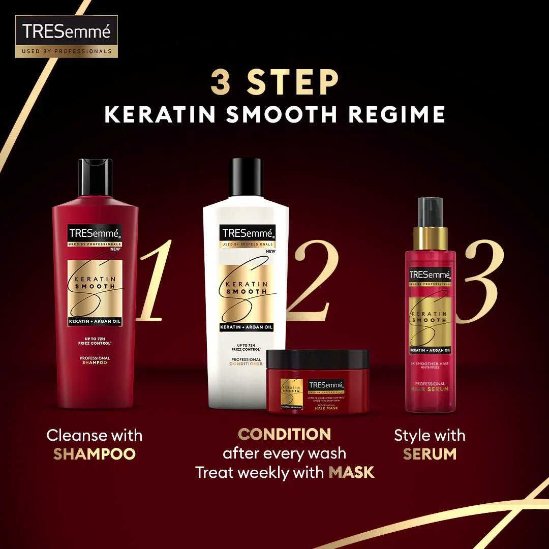 TRESemme 3-step keratin smooth regime with shampoo, conditioner, mask, and serum on a dark background.