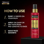TRESemmé hair serum bottle with usage instructions on a dark background