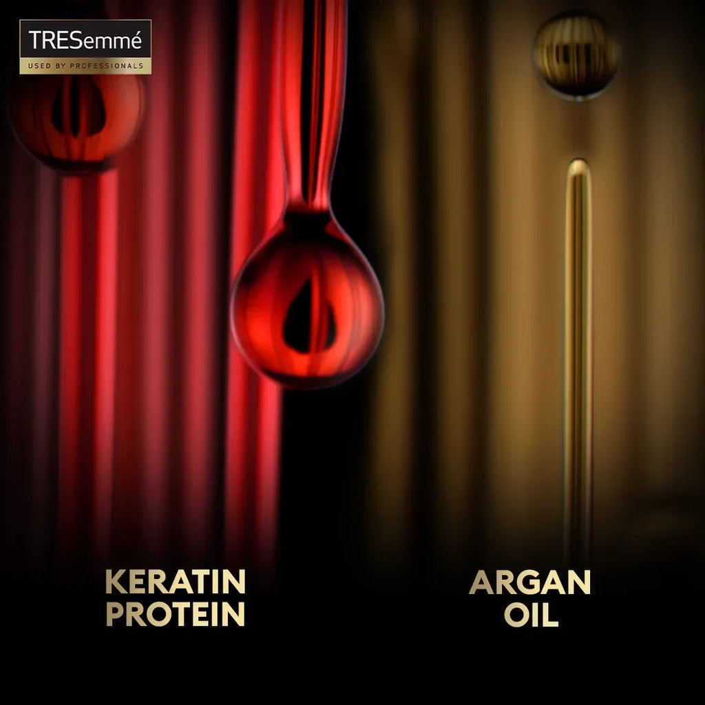 TRESemme product packaging with red droplet design on a dark background