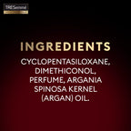 List of ingredients on a dark background with TRESemme branding.