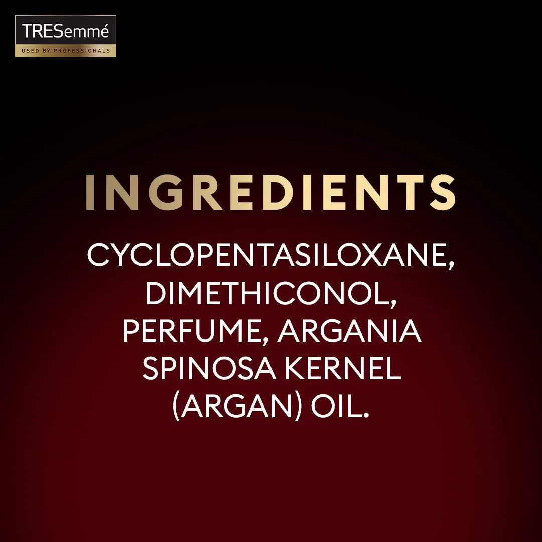 List of ingredients on a dark background with TRESemme branding.