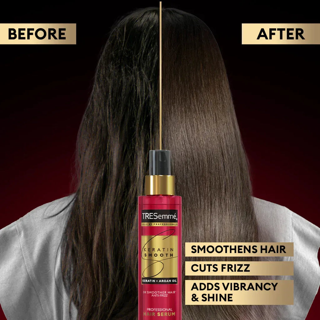 TRESemmé hair serum bottle with 'Before' and 'After' comparison on hair