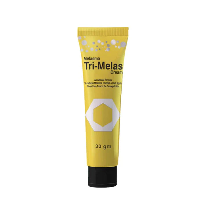 Yellow tube of Tri-Melas Cream on a white background