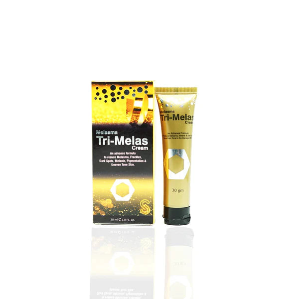 Tri-Melas cream packaging with tube and box on a white background