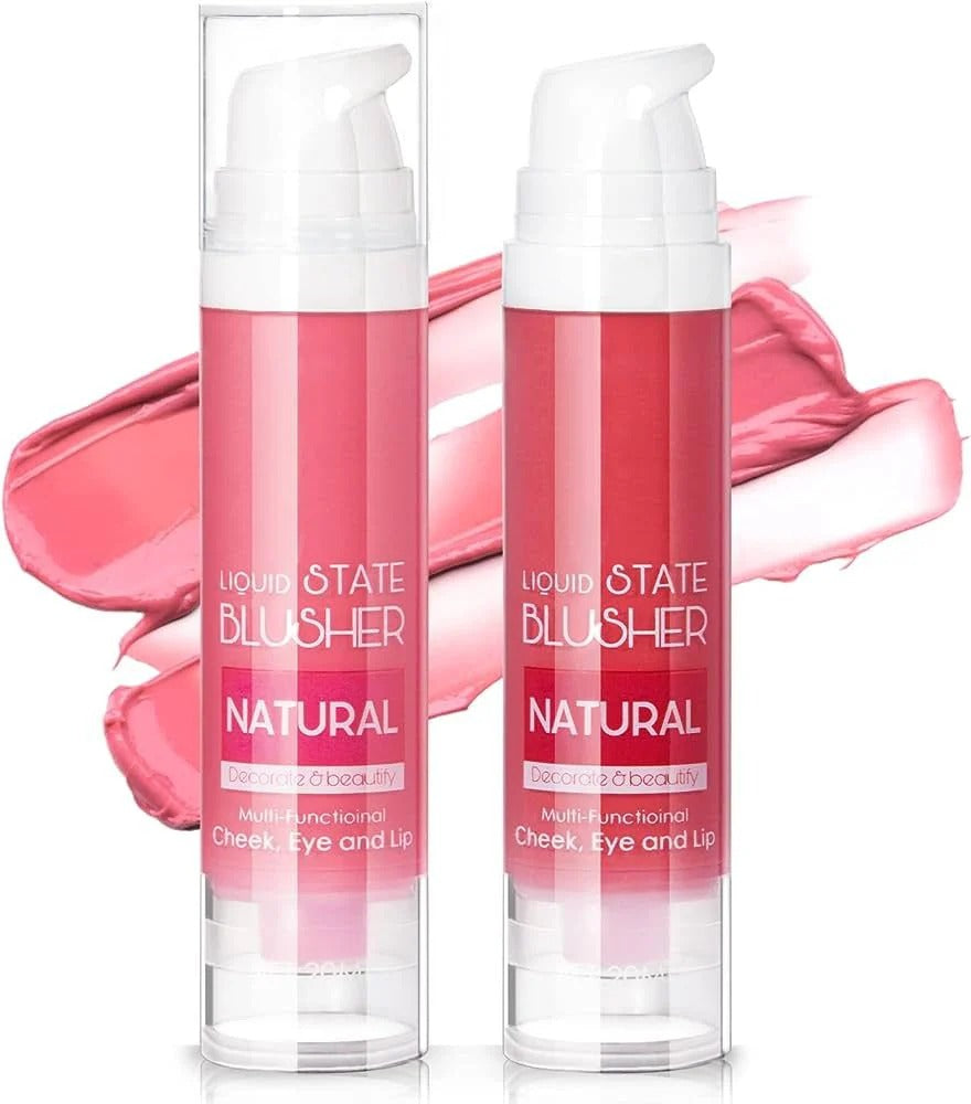Two bottles of Liquid State Blusher with pink blush swatch on a white background