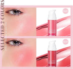 Cosmetic blusher with color swatches on a pink background