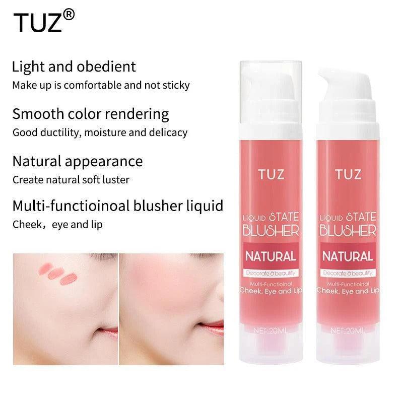 TUZ liquid state blusher liquid with product packaging and application examples on a white background