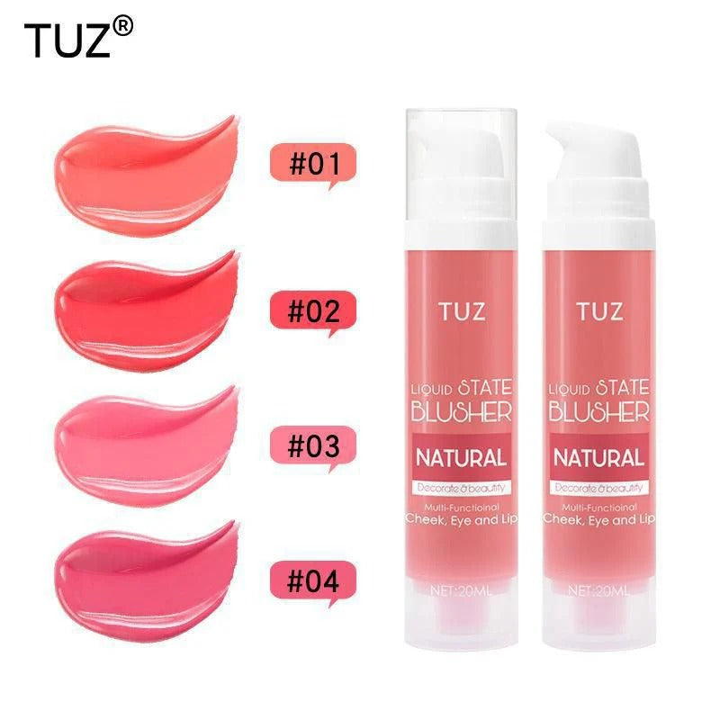 TUZ liquid state blusher with color swatches on a white background