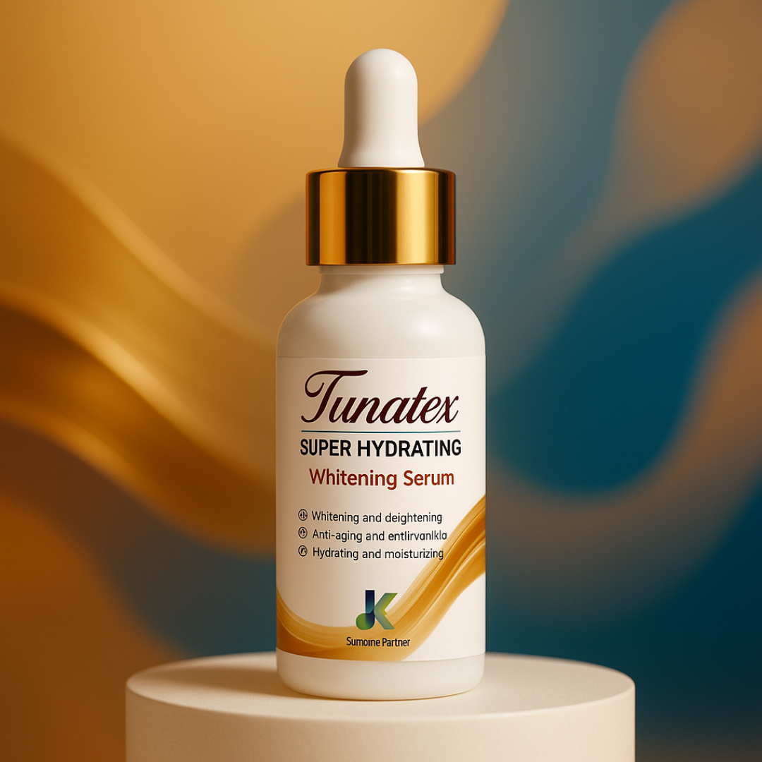 Tunatex Super Hydrating Whitening Serum bottle on a colorful background