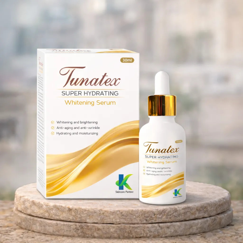 Tunatex Super Hydrating Whitening Serum packaging and bottle on a wooden surface with a blurred natural background