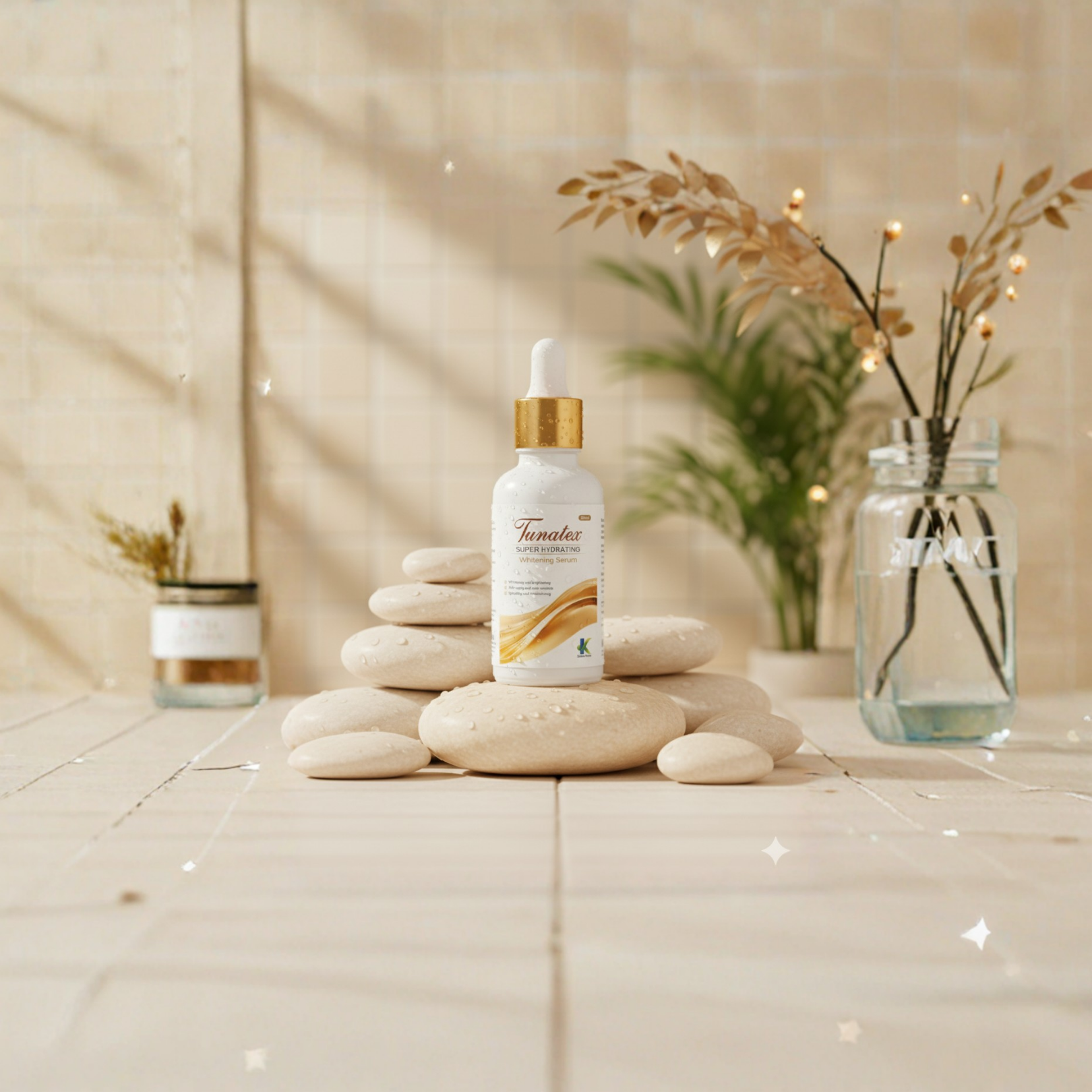 Skincare bottle with dropper on stones in a serene setting