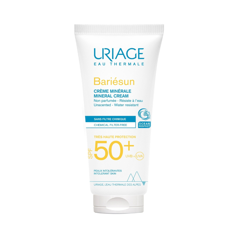Uriage Bariésun mineral cream SPF 50+ on a white background