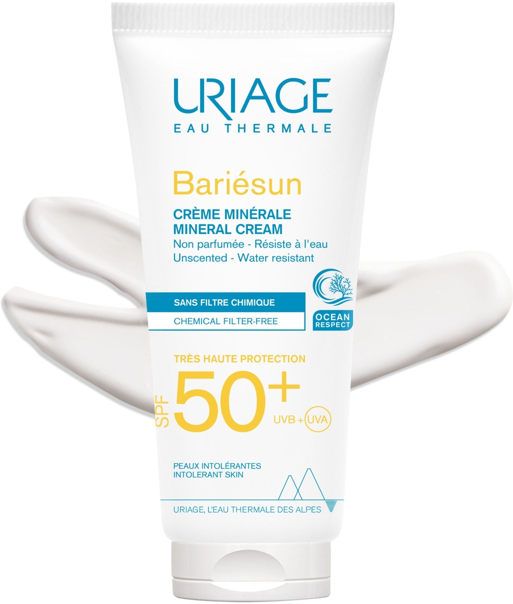 Uriage Bariésun mineral cream SPF 50+ on a white background
