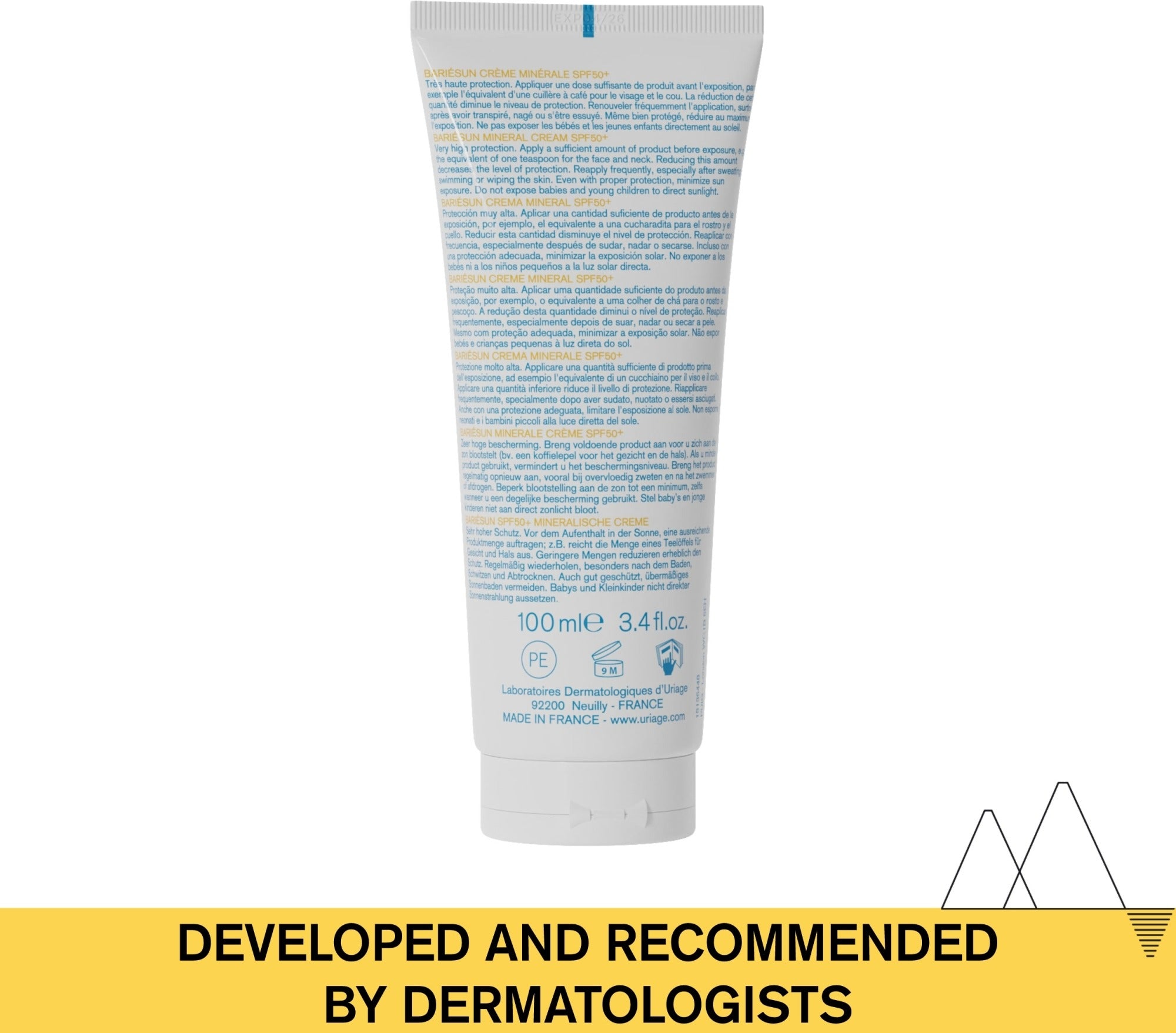 Tube of skincare product with text 'Developed and recommended by dermatologists' on a white background