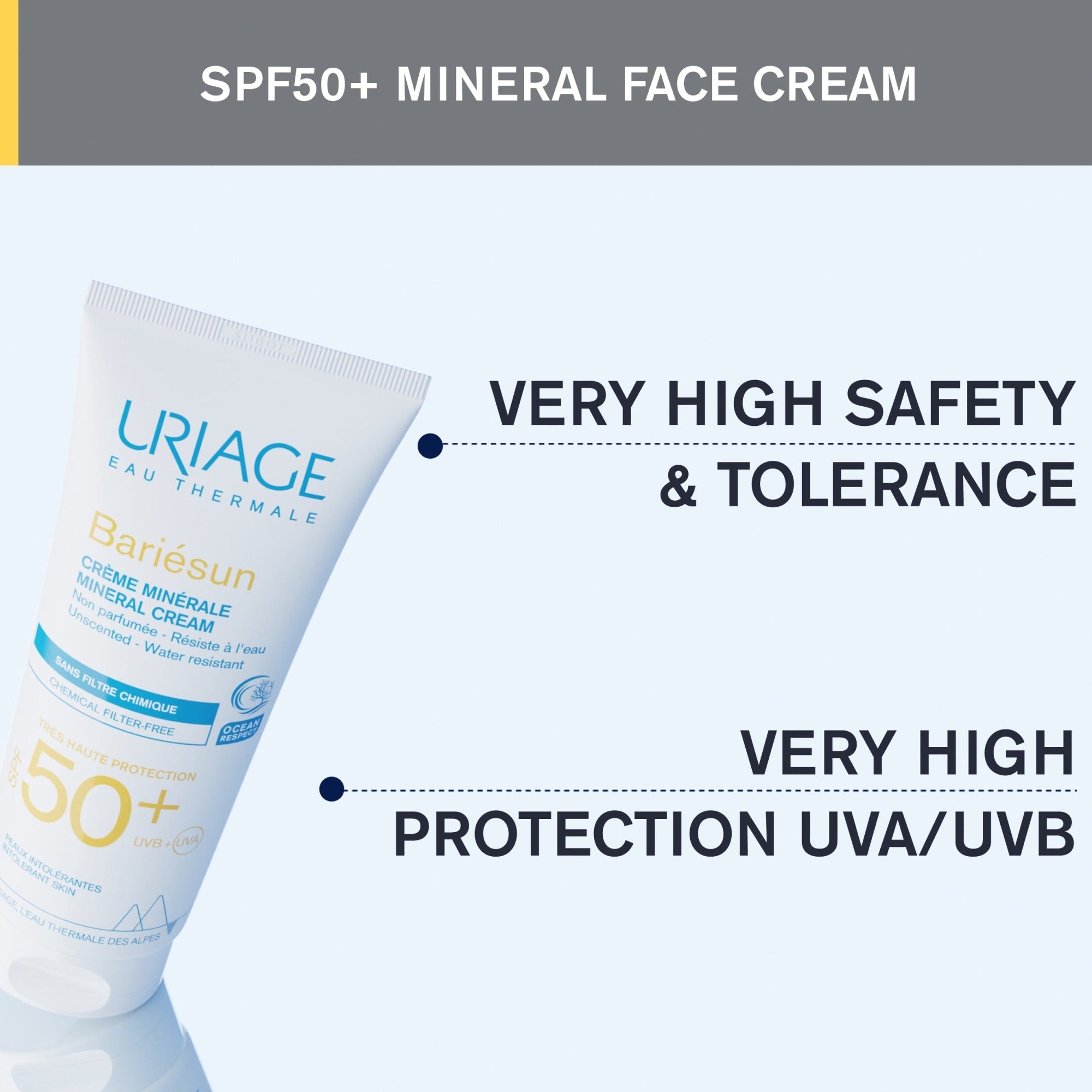 Uriage mineral face cream SPF50+ with safety and tolerance features highlighted on a light gray background.