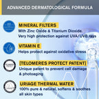 Advertisement for an advanced dermatological product with mineral filters, vitamin E, and Uriage thermal water.