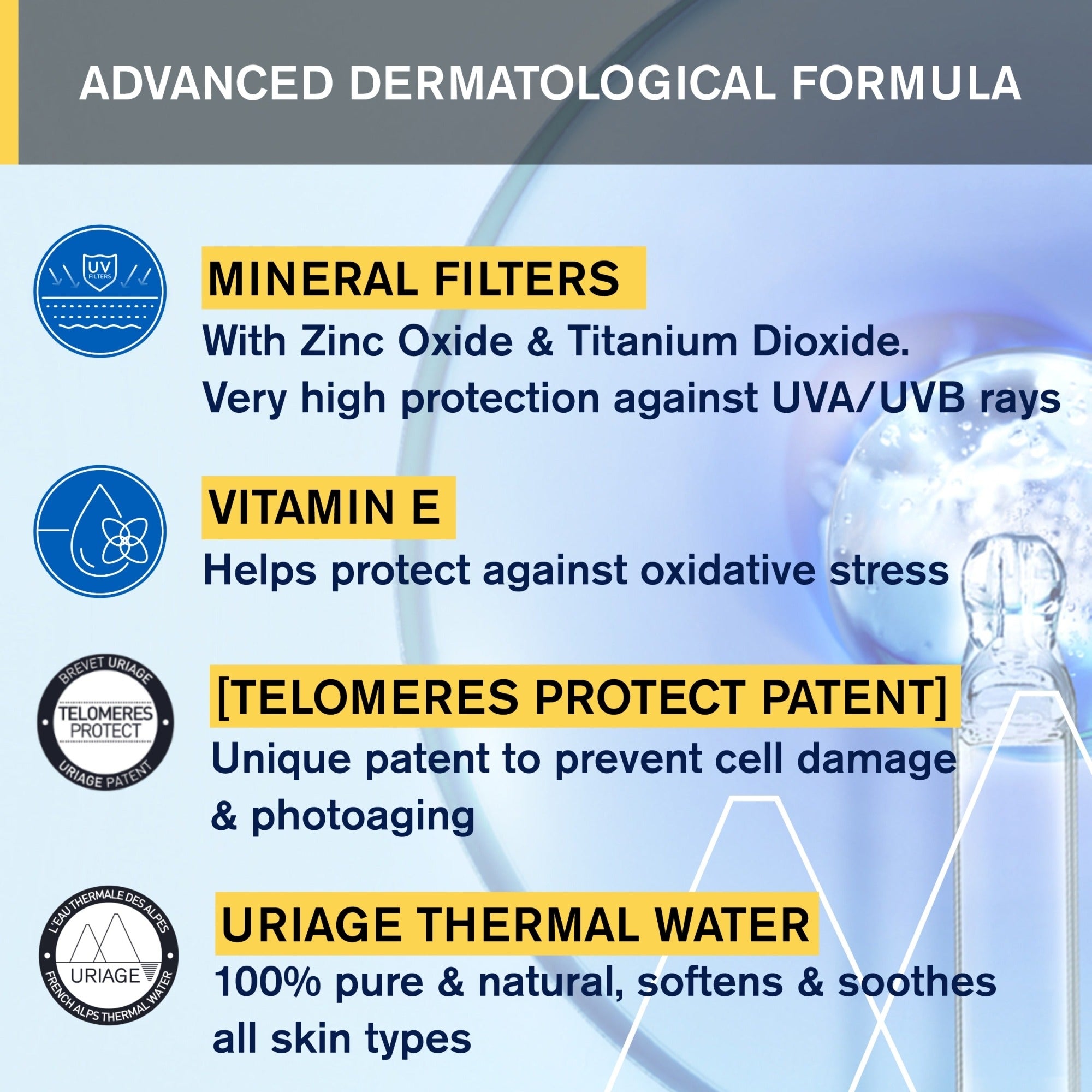 Advertisement for an advanced dermatological product with mineral filters, vitamin E, and Uriage thermal water.