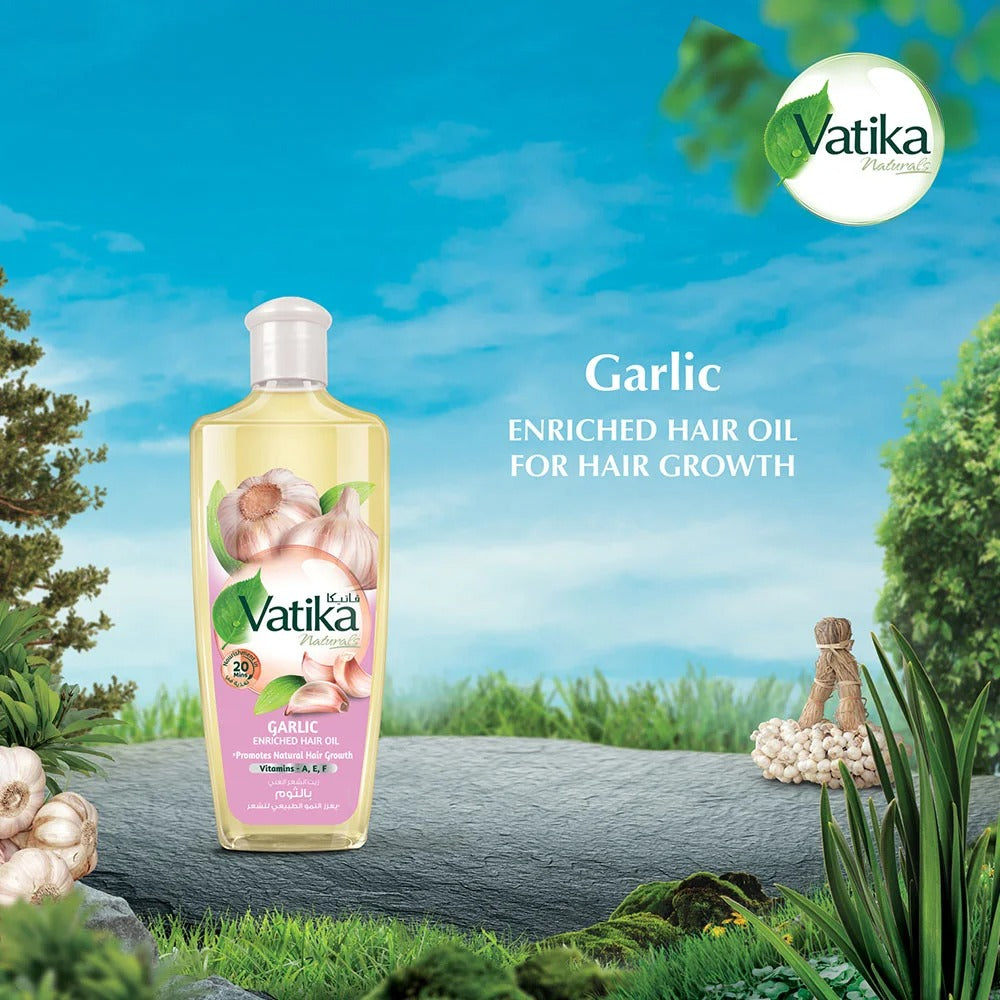 Vatika Natural Garlic Enriched Hair Oil bottle with natural background
