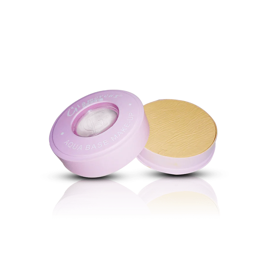 Makeup compact with a pink lid and beige puff on a white background