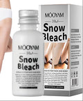 Mooyam Snow Bleach bottle and packaging with a person's legs in the background.