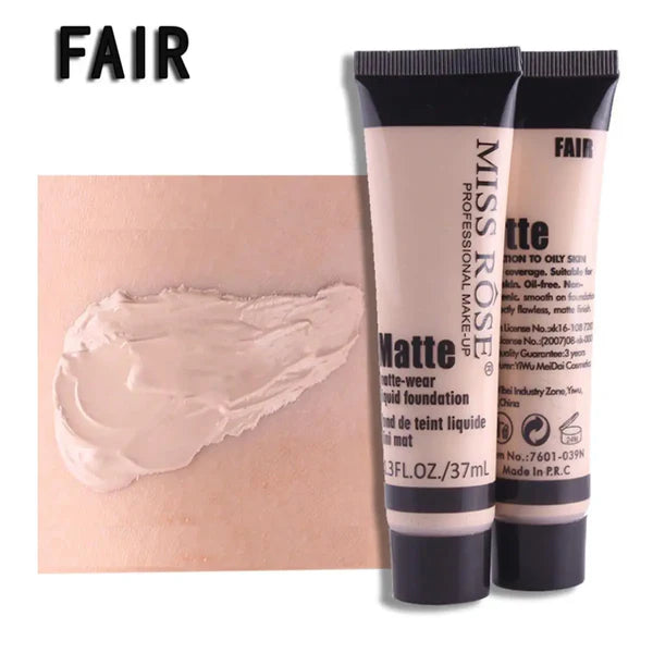 Two tubes of Miss Rose Matte foundation on a white background with 'FAIR' label.