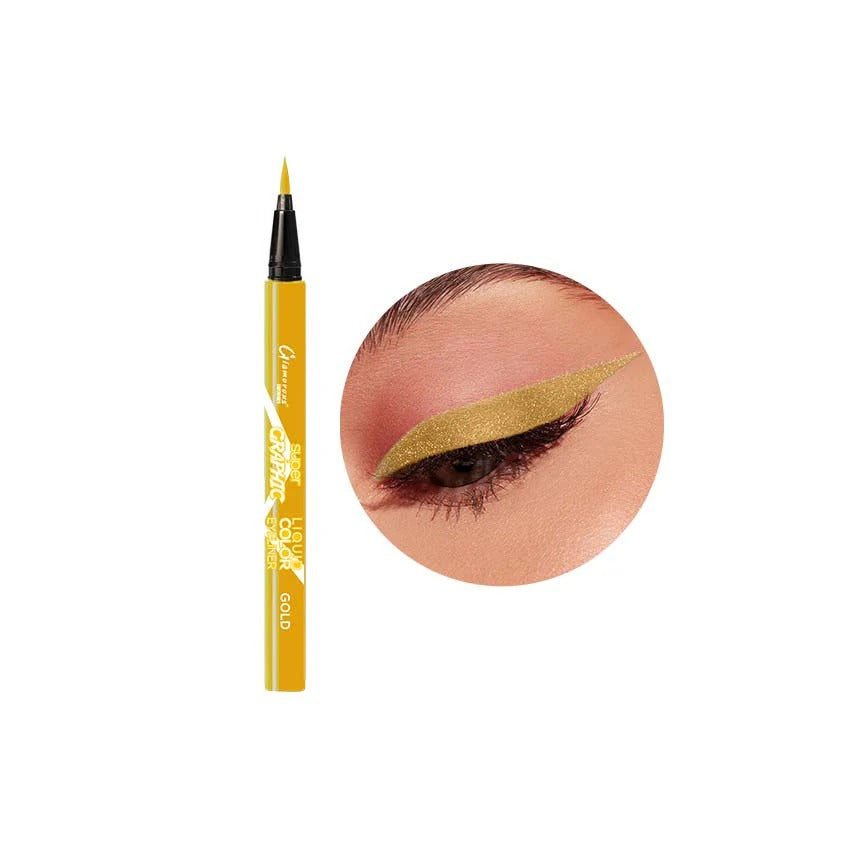 Eyeliner pencil with a close-up of an eye wearing gold eyeliner on a white background