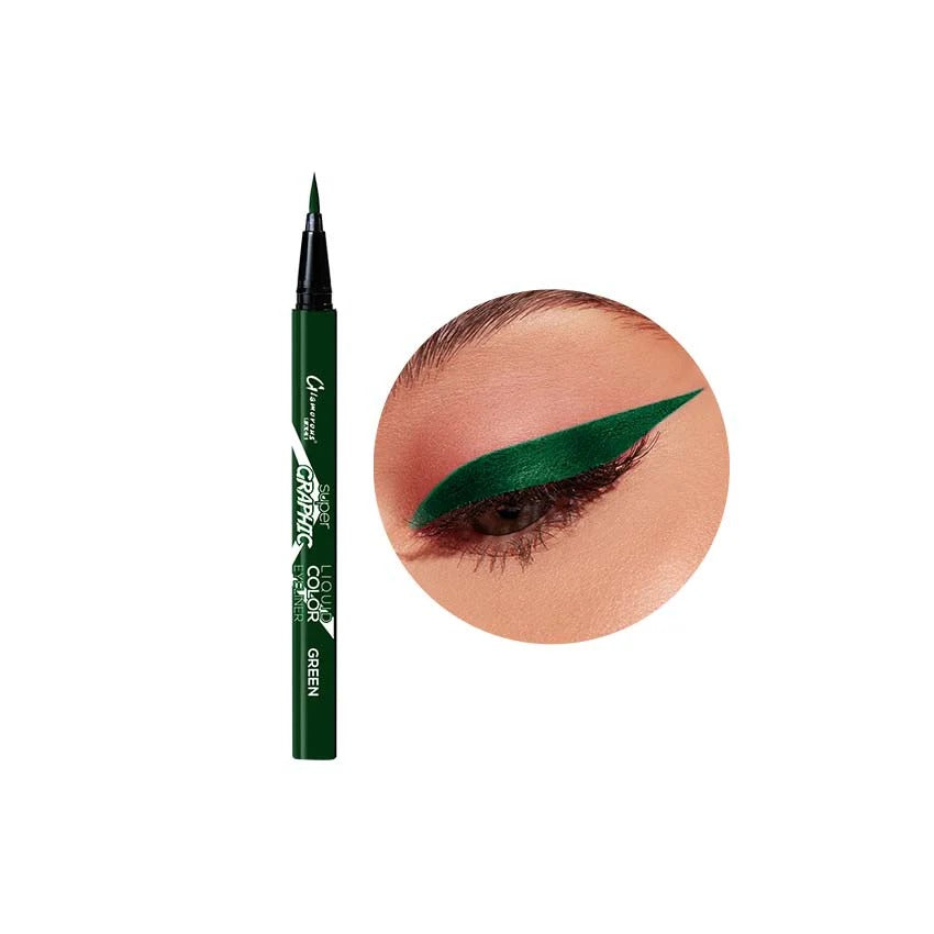 Green eyeliner pencil with close-up of application on eye on a white background