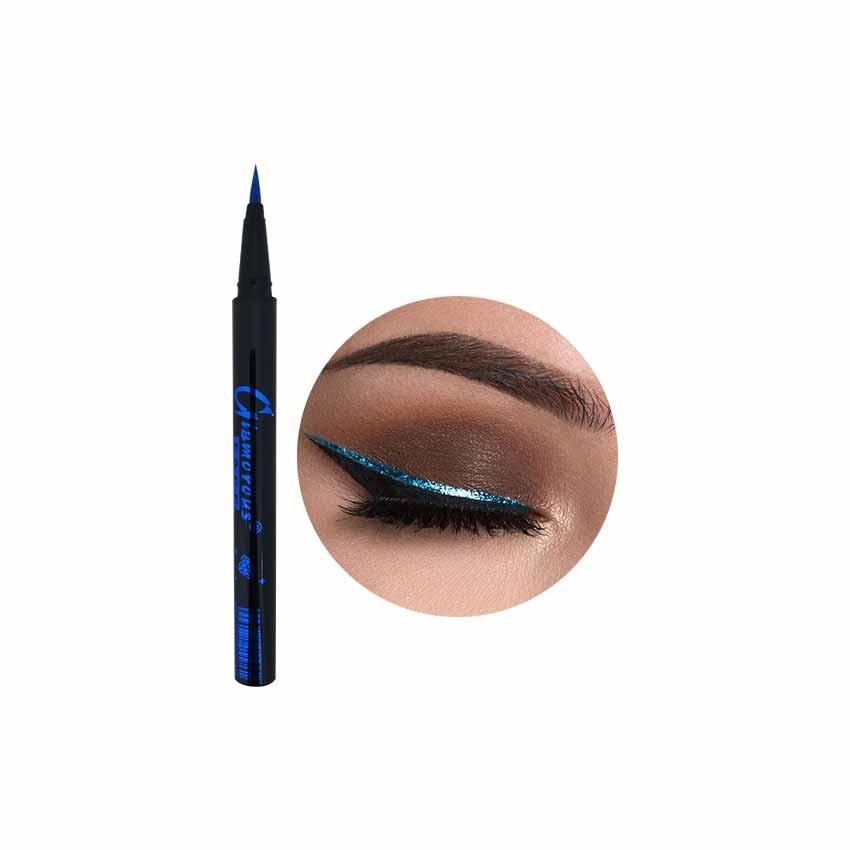 Eyebrow pencil with close-up of eye wearing it on a white background