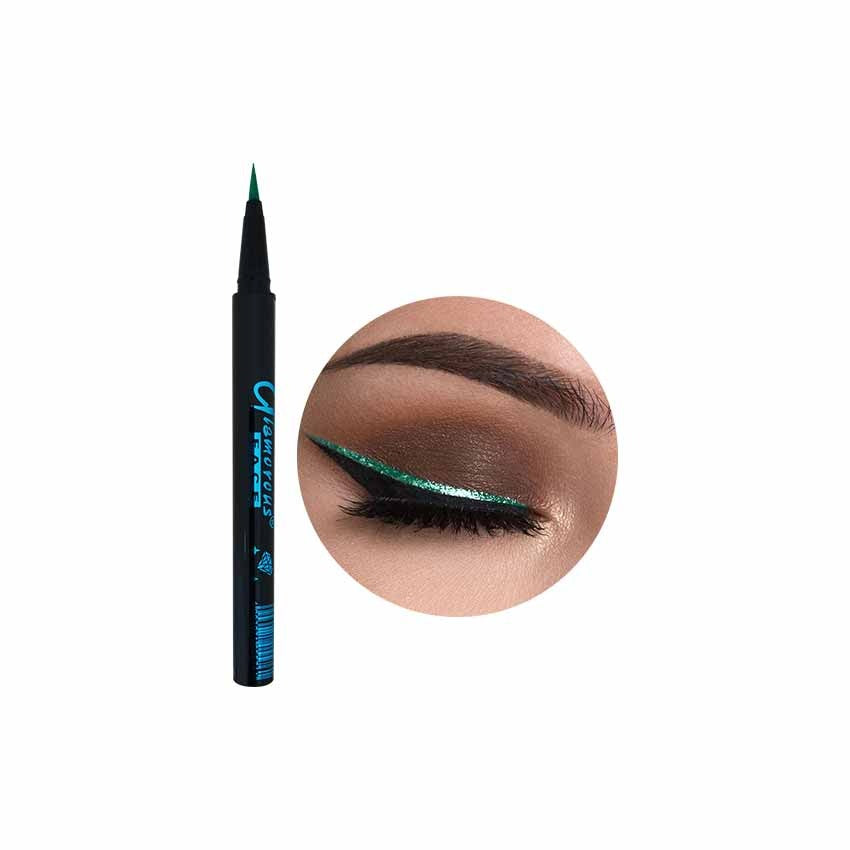 Eyeliner pencil with close-up of eye wearing green eyeliner on a white background