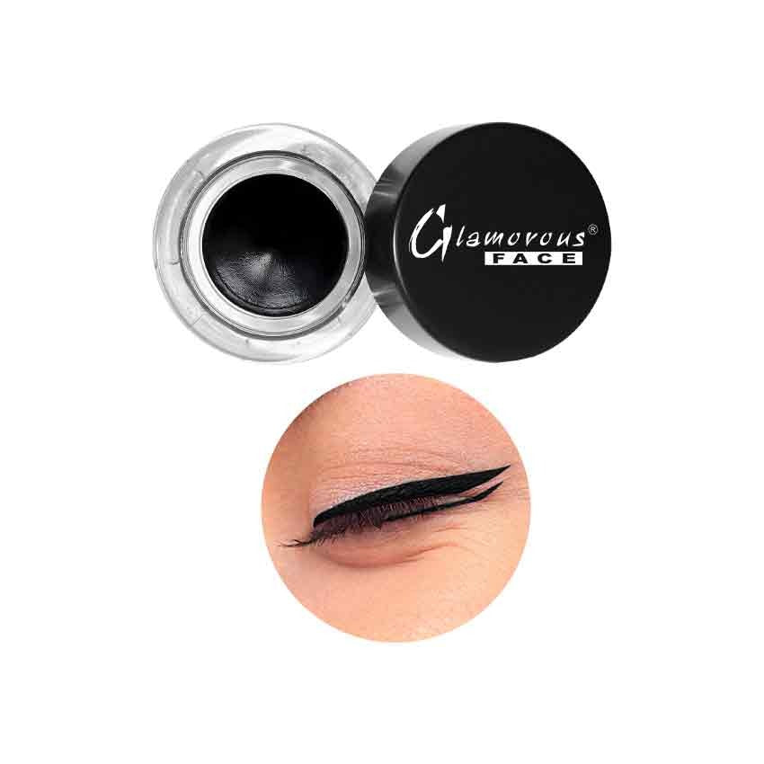 Black eyeliner gel with applicator and close-up of application on skin