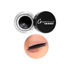 Black eyeliner gel with applicator and close-up of application on skin