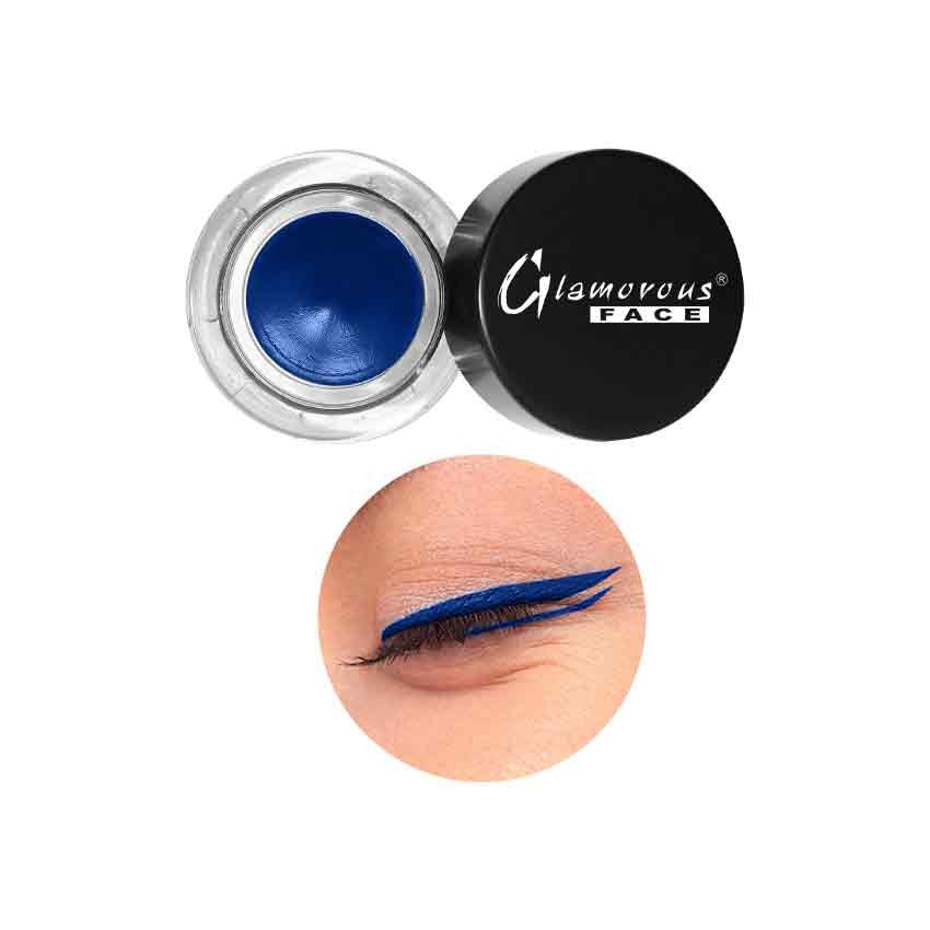 Blue eye liner in a Glamorous Face container with an inset showing application on eyelid.