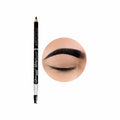 Eyebrow pencil with a close-up of an applied eyebrow on a white background