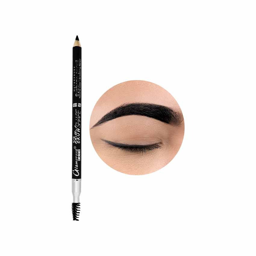 Eyebrow pencil with a close-up of an applied eyebrow on a white background