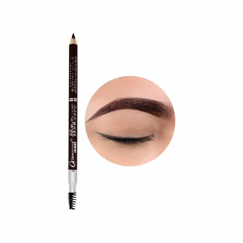 Eyebrow pencil with a close-up of an eye wearing the product on a white background