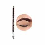Eyebrow pencil with a close-up of an eye wearing the product on a white background