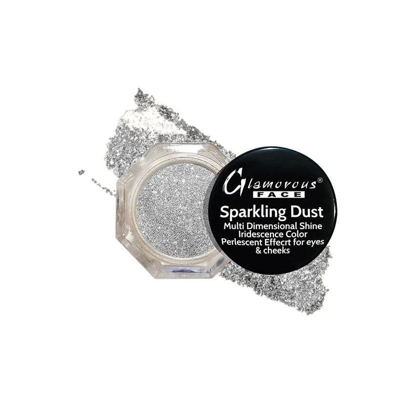 Glamorous Face Sparkling Dust with glittery powder and black label on a white background