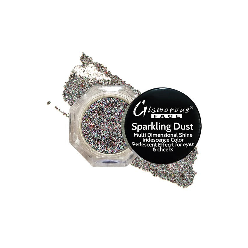 Glamorous Face Sparkling Dust with glittery contents on a white background