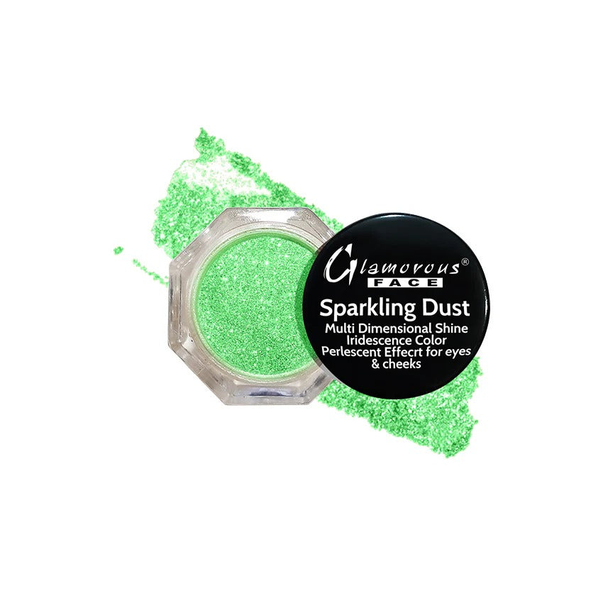 Green sparkling dust with Glamorous Face branding on a white background