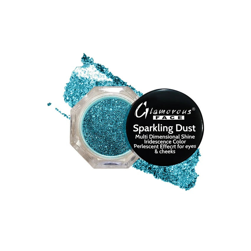 Blue sparkling dust in a jar with 'Glamorous Face' branding on a white background