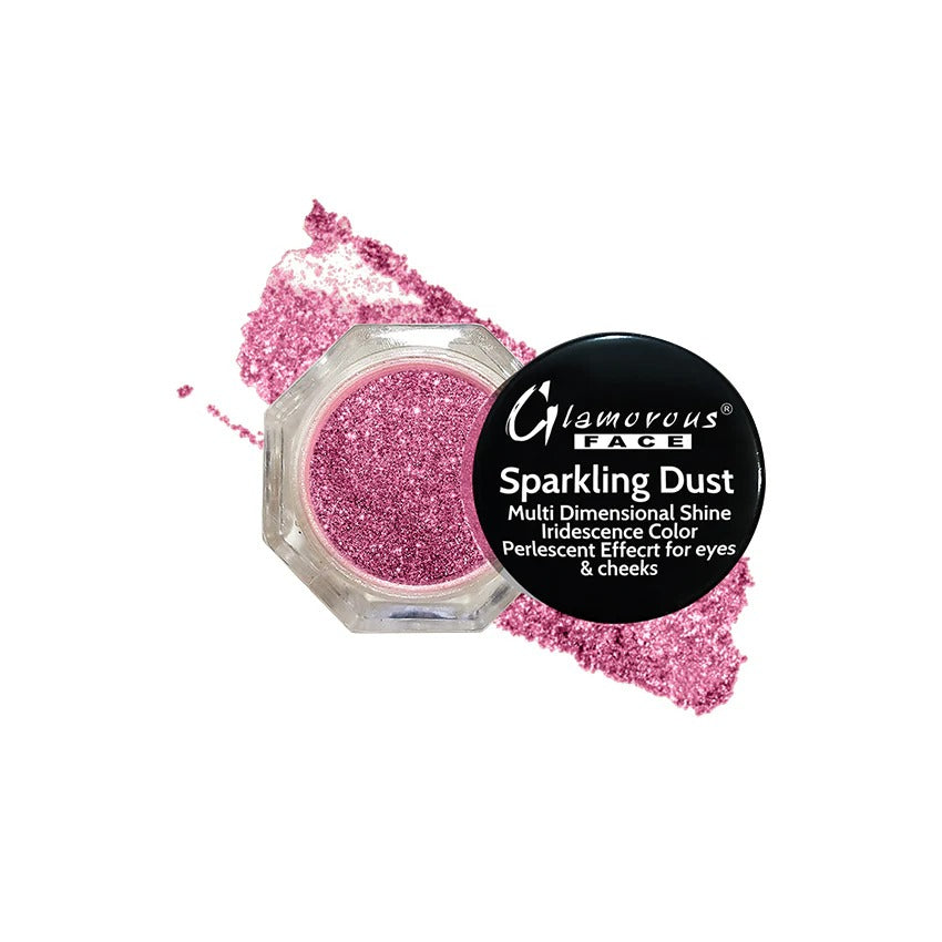 Pink glitter in a small jar with 'Glamorous Face' label on a white background