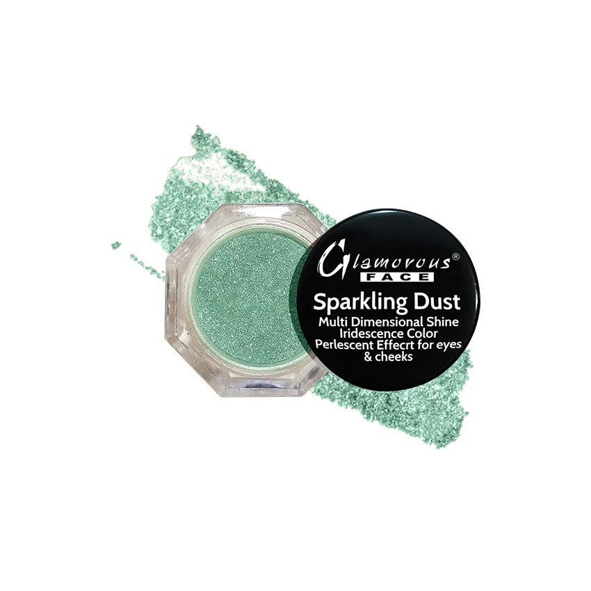 Green sparkling dust with Glamorous Face branding on a white background