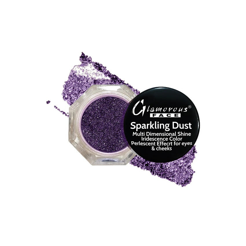 Purple sparkling dust in a small container with 'Glamorous Face' branding on a white background